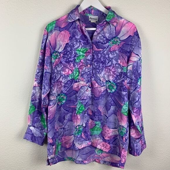 Vintage 80’s Women’s Purple Pink Satin Floral Oversized Button Down Blouse M - Picture 3 of 7